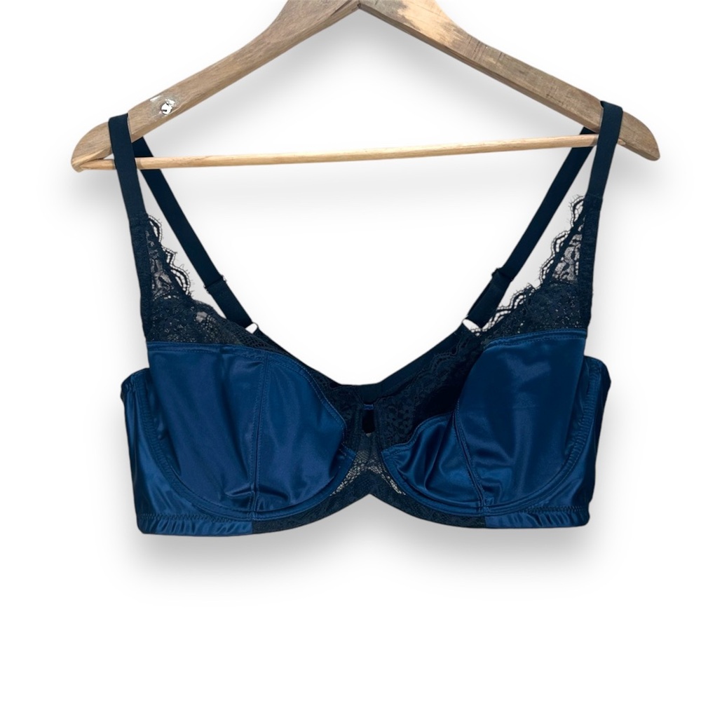Understance Navy Blue Satin Black Lace Trim Balconette Bra Size 40D